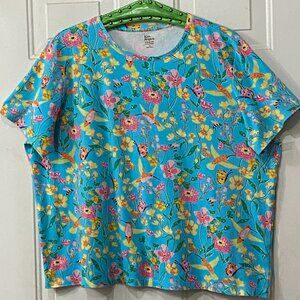 NEW Kim Rogers Perfectly Soft 1X Tee Short Sleeve Turquoise/Multi Floral/Birds